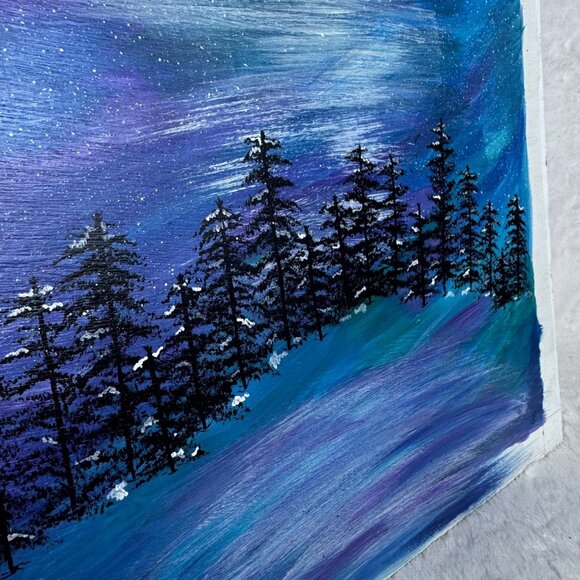 Landscape Painting On Wood With Snowy Trees & Starry Night Sky ByPencil to Paint - Picture 2 of 6